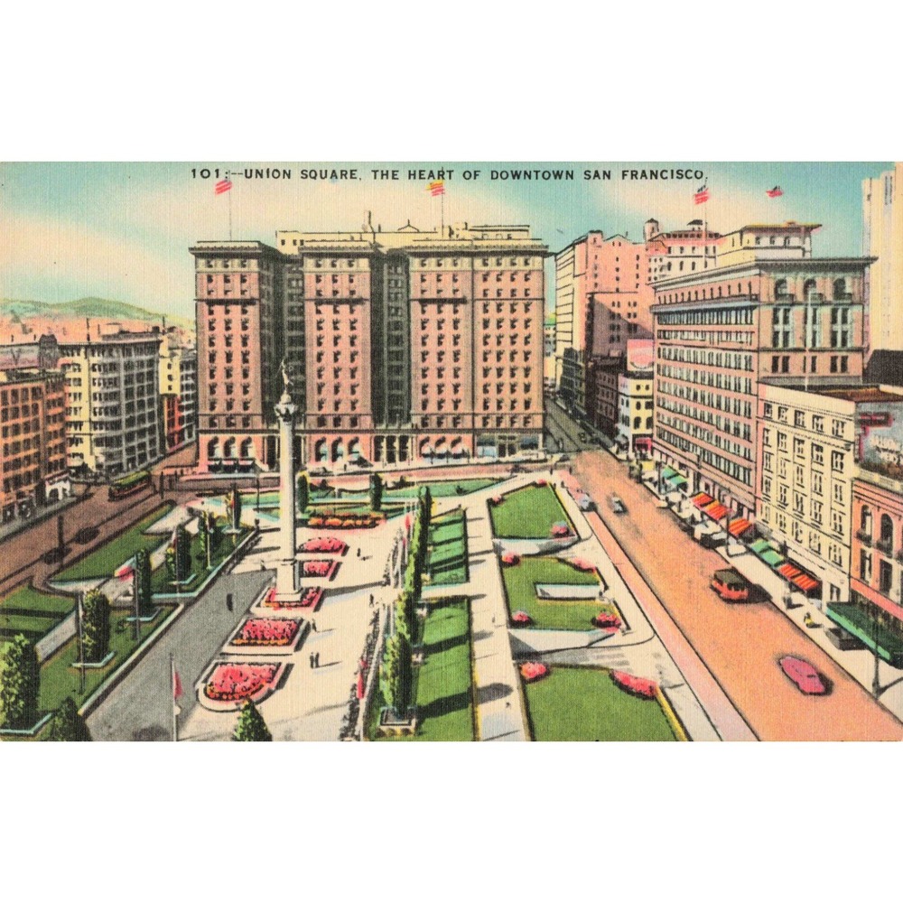 Union Square San Francisco California Vintage Linen Postcard Scenic View Card Co